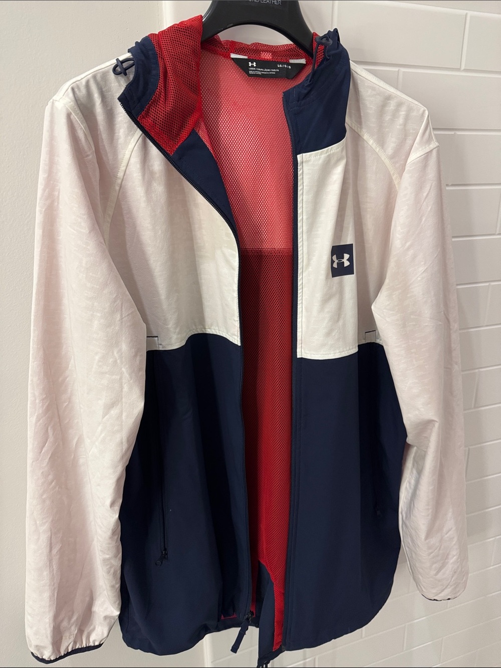 Under Armour Navy, White & Red Colorblock Lightweight Hooded Jacket